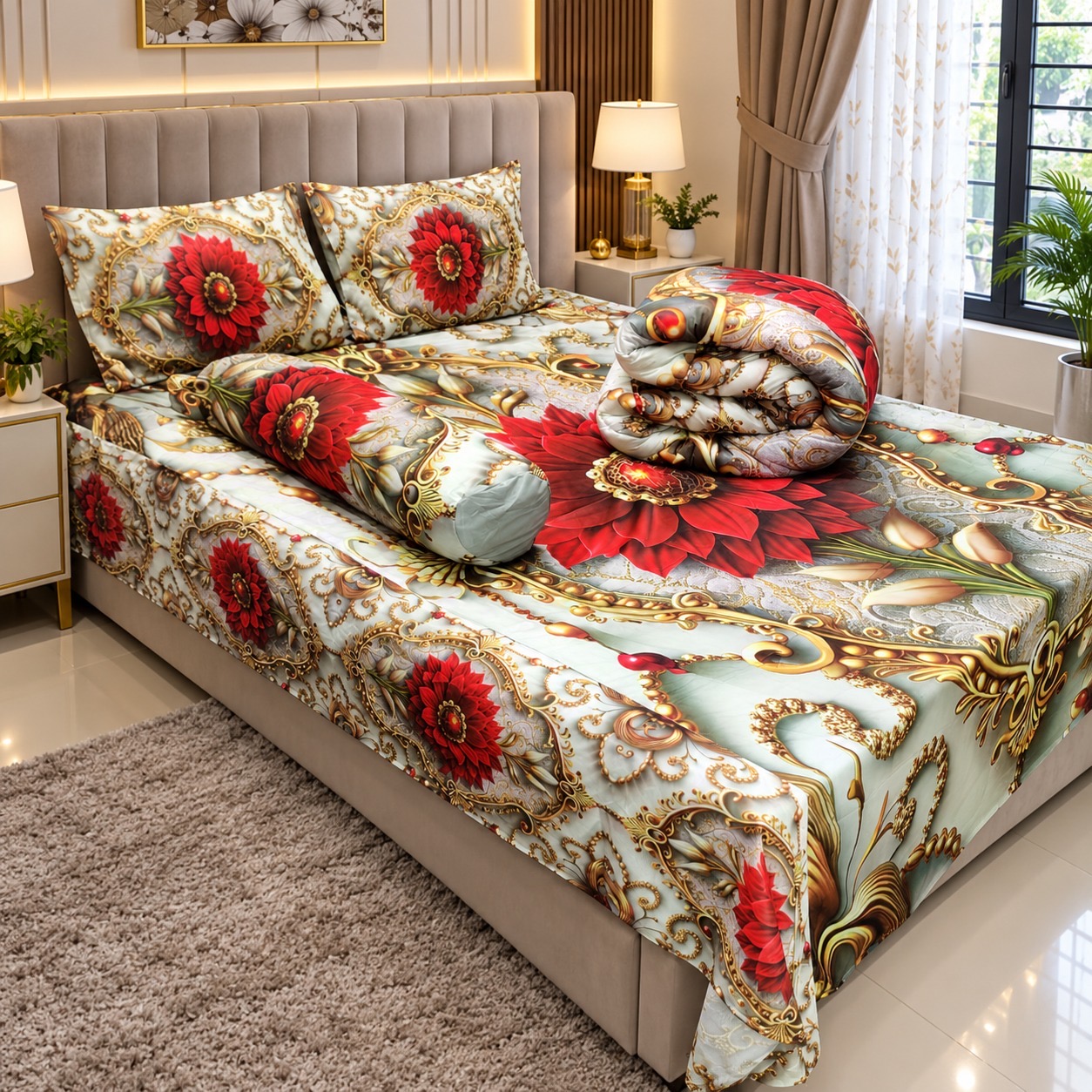 Premium 3D Design 5 Pcs Comforter Set – Floral Design