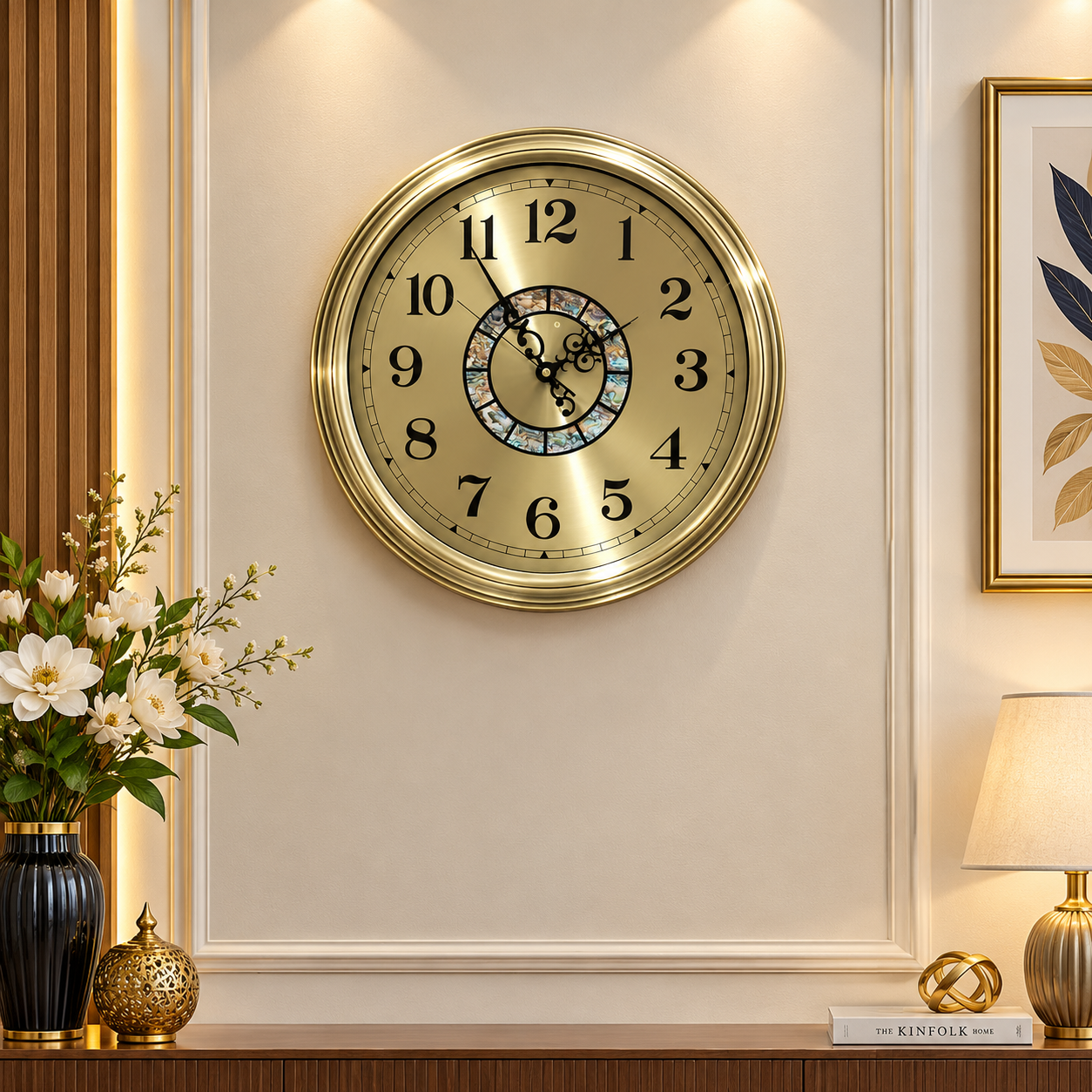 Gold Metal Wall Clock with Decorative Mosaic Inlay