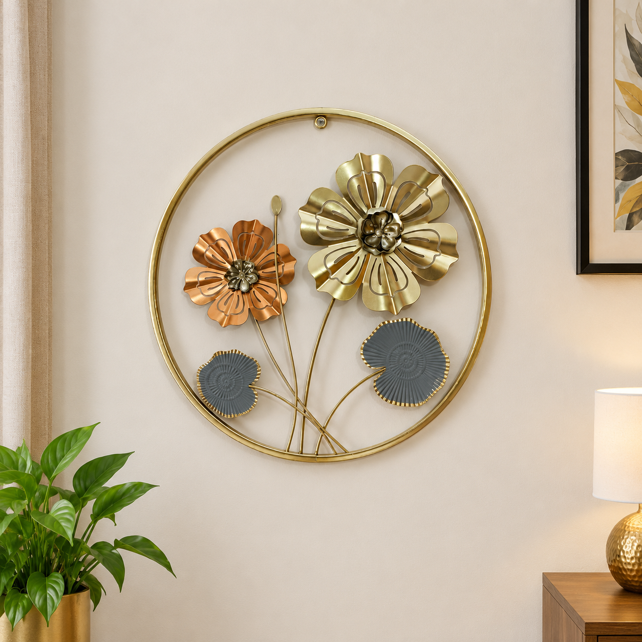 Luxury Floral Metal Wall Art – Gold, Copper & Blue Decorative Wall Hanging