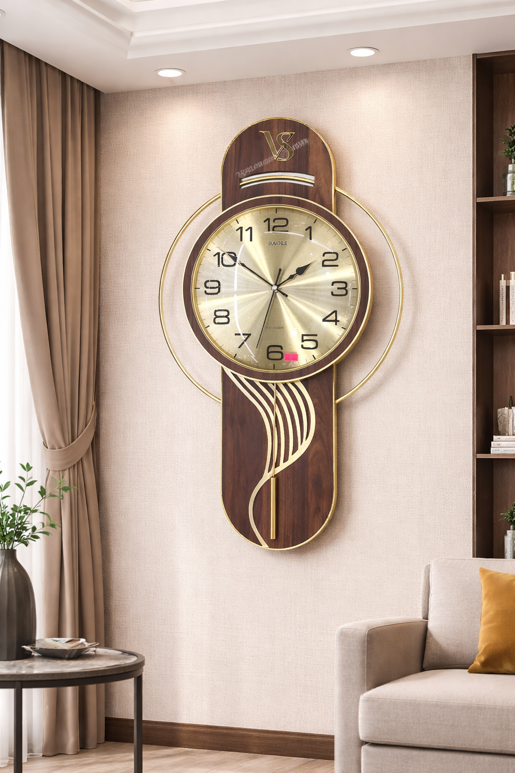 Metal and Wooden Body Golden and wood Color Design Golden Color Metal Pendulum Wall Clock