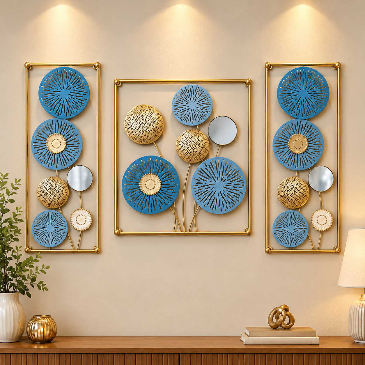 3-Piece Blue & Gold Floral Metal Wall Art Set – Modern Luxury Wall Décor for Home