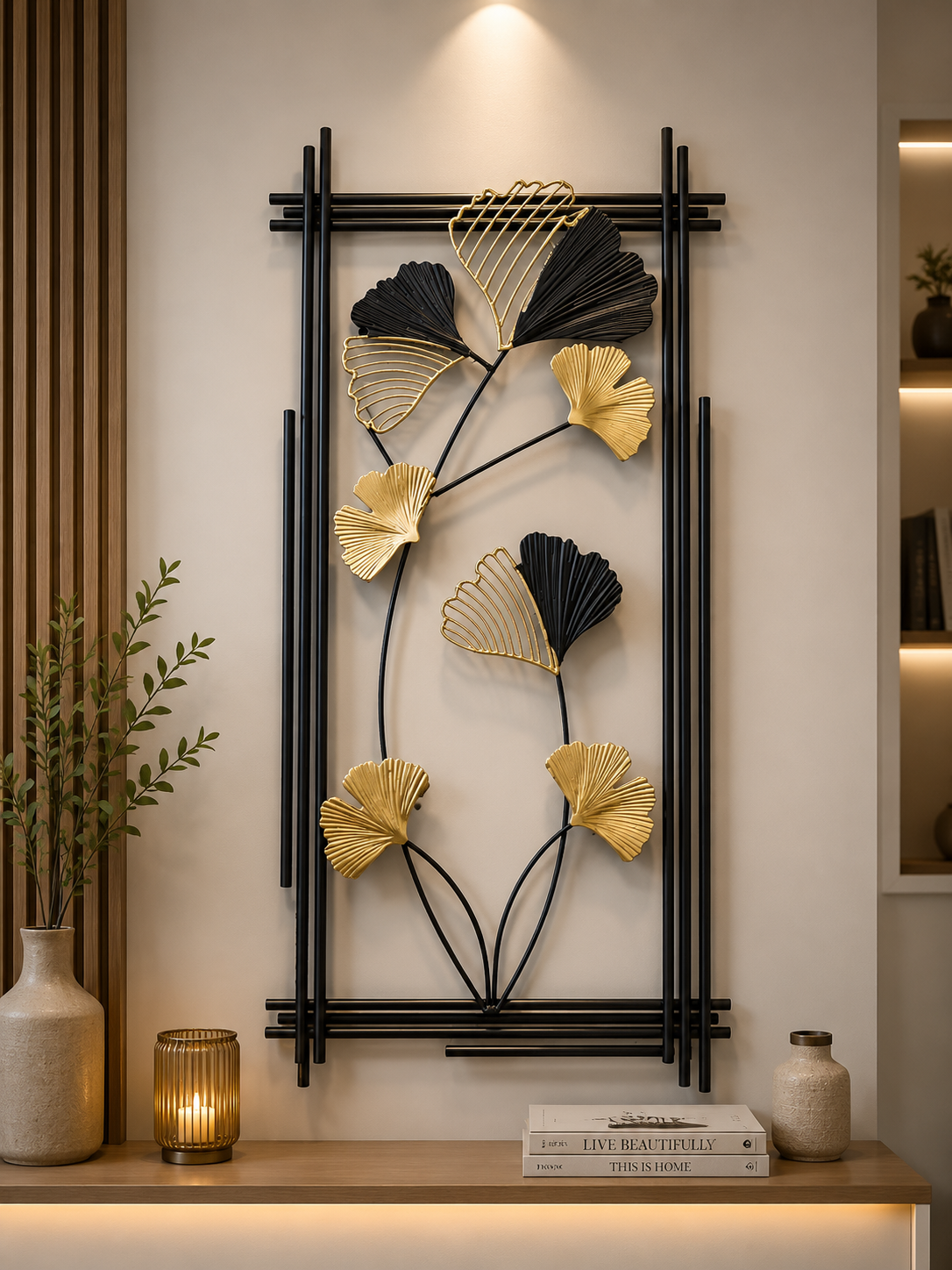 Luxury Black & Gold Ginkgo Leaf Metal Wall Art.