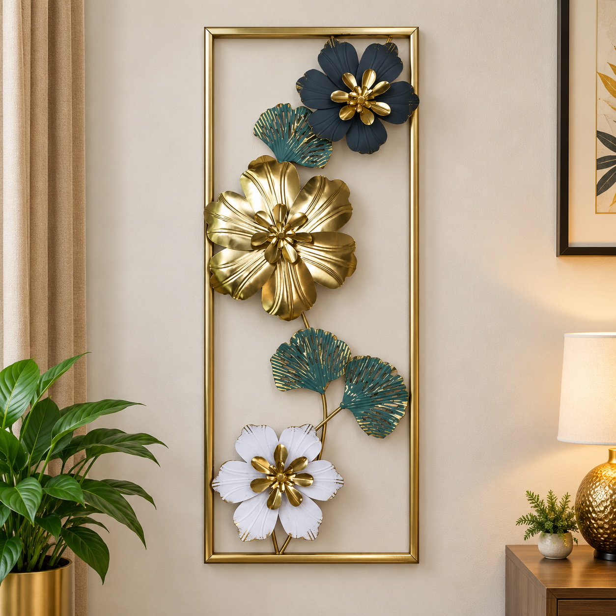 Luxury 3D Floral Metal Wall Art – Gold, Navy Blue & White Decorative Wall Décor