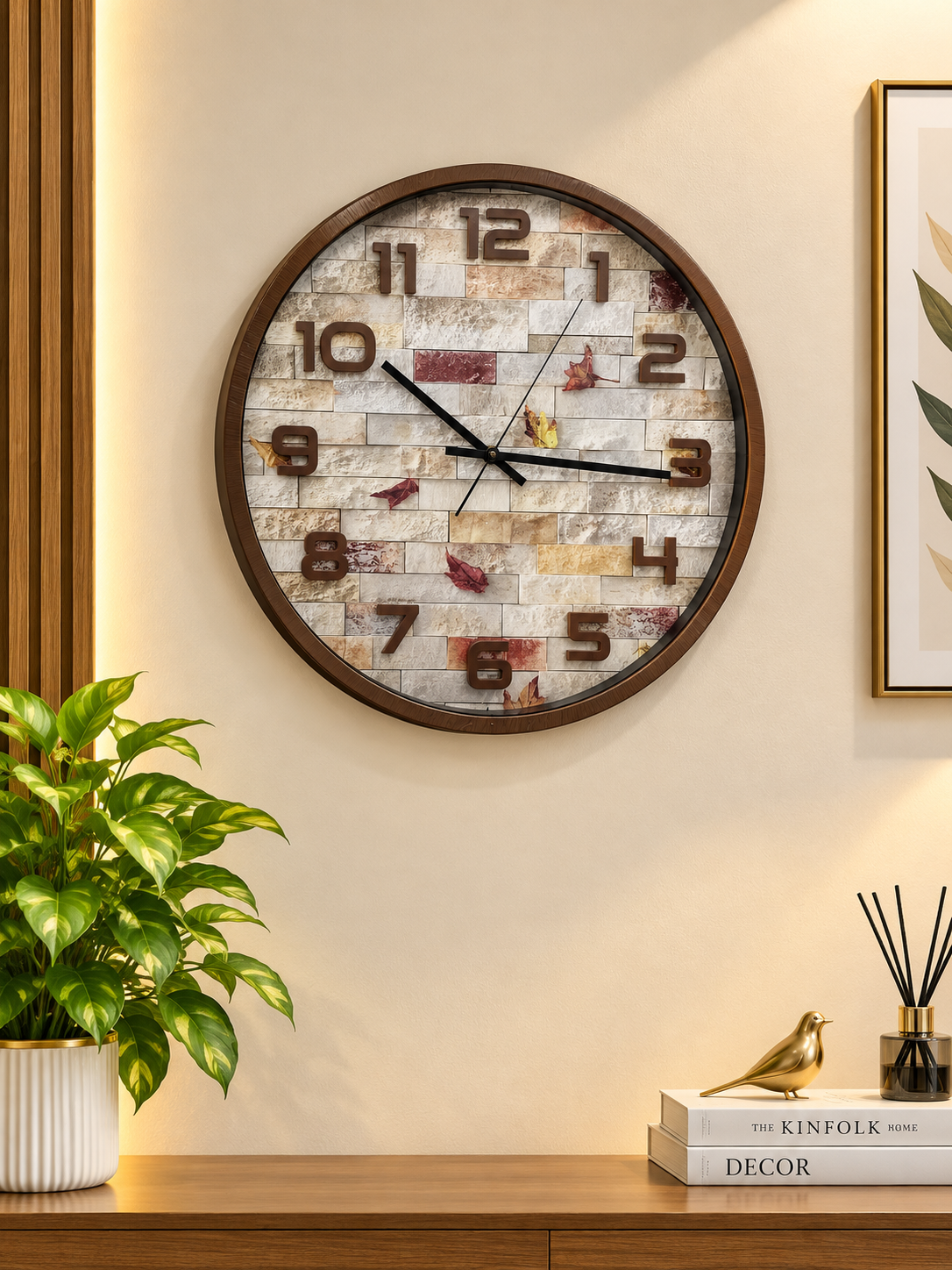 Modern Rustic Round Wall Clock with Brick Pattern Dial | Decorative Home Clock