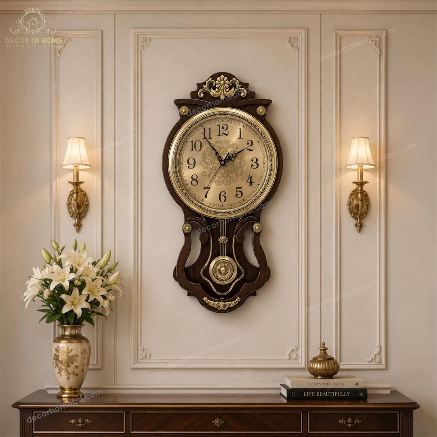 Luxury Vintage Pendulum Wall Clock Antique Wooden & Gold Finish