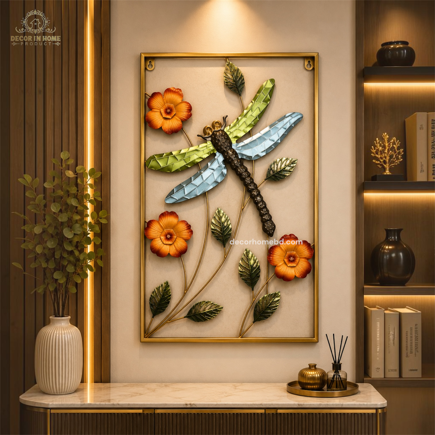 Premium 3D Dragonfly & Floral Metal Wall Art – Golden Frame