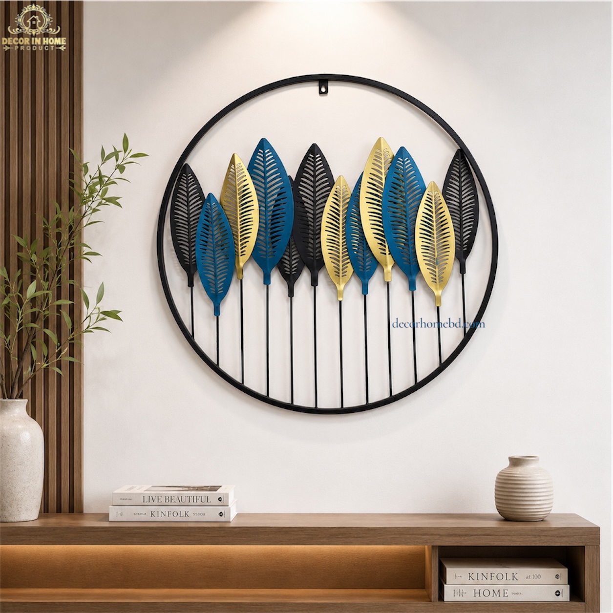 Fully Metal Body Royal Black, Gold & Blue Leaf Round Wall Art