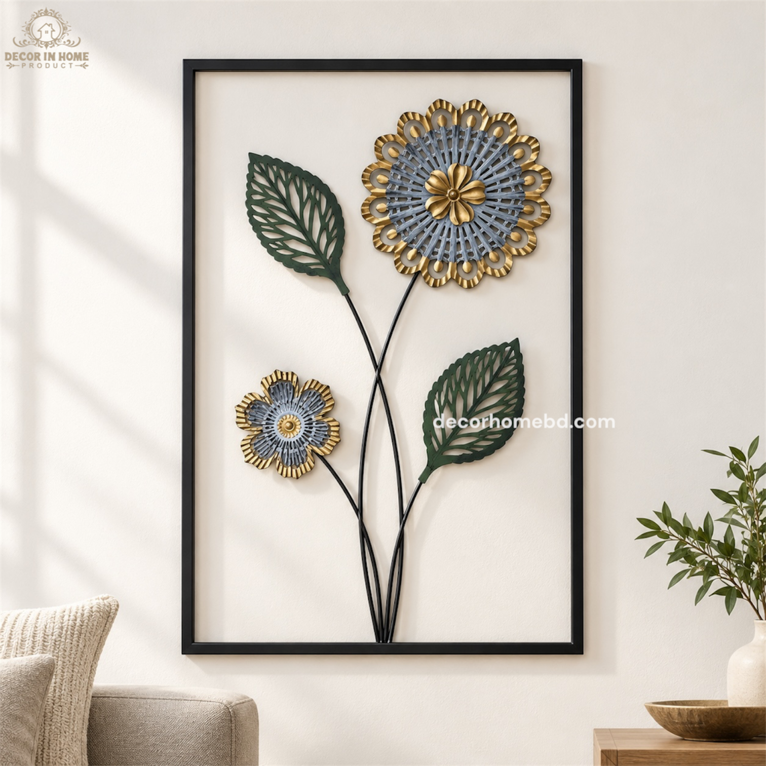 3D Metal Flower Wall Decor with Black Frame | Modern Floral Wall Art
