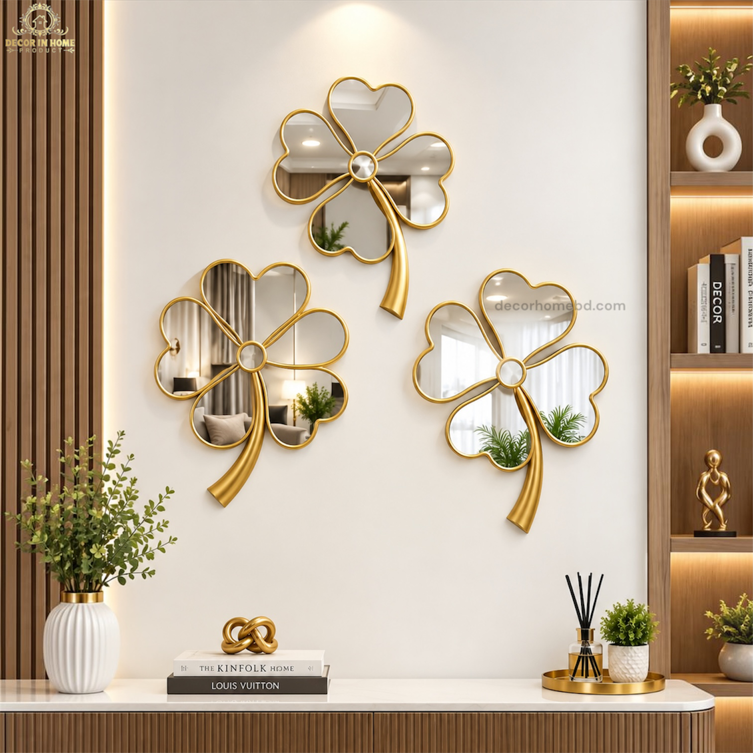 Premium Golden Clover Flower Decorative Wall Mirrors – Set of 3