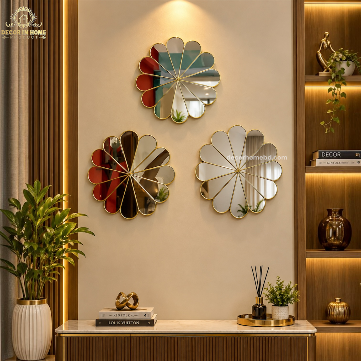 Premium Golden Petal Decorative Wall Mirrors – Set of 3