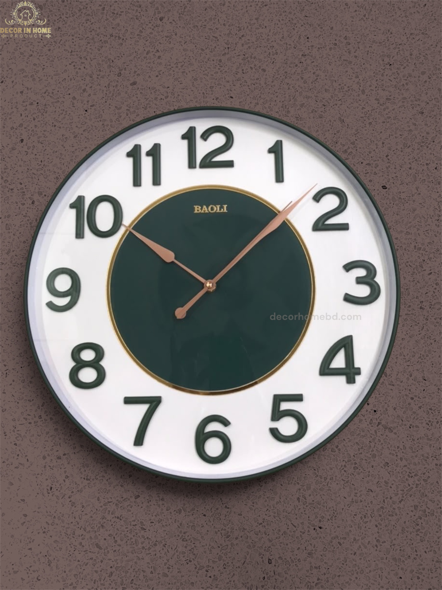 Modern Design Premium BAOLI Green & White Round Wall Clock with Rose Gold Hands.