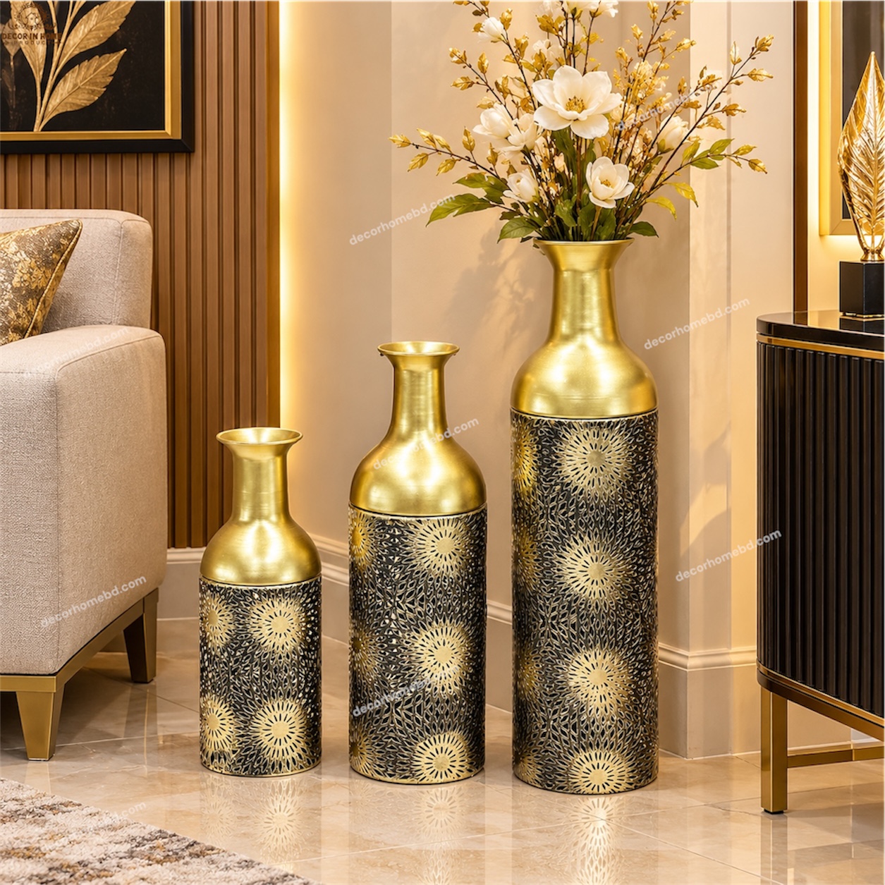 Luxury Golden & Black Decorative Vase Set of 3 – Premium Metallic Home Décor