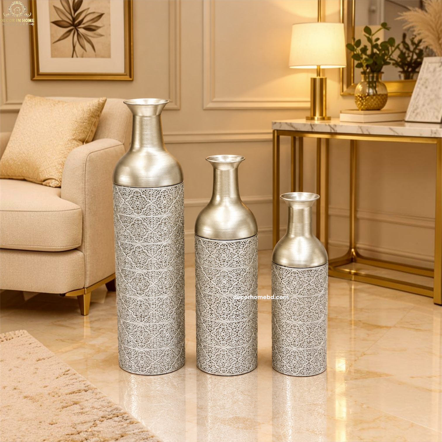 Luxury Silver & Gold Decorative Vase Set of 3 – Elegant Filigree Design