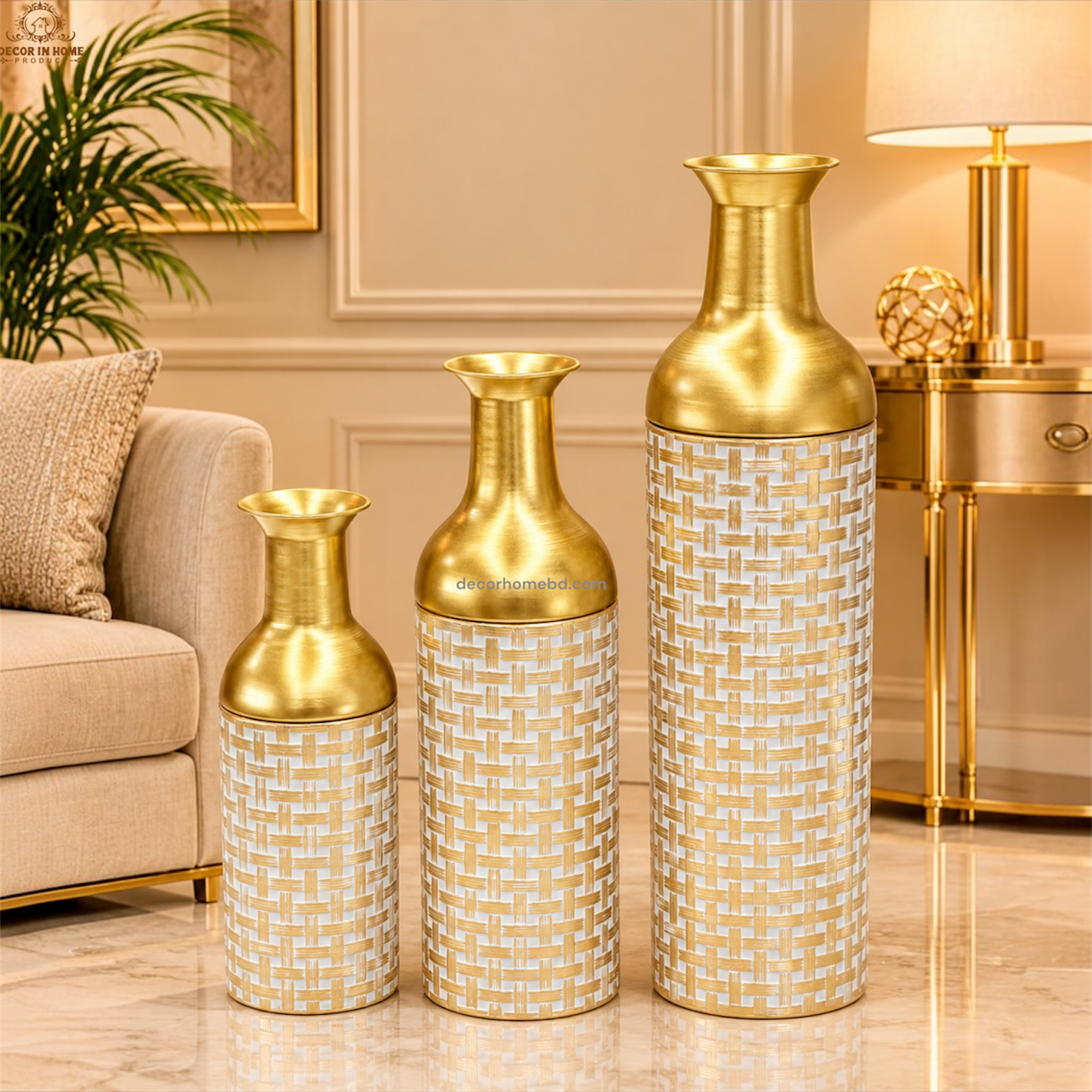 Luxury Golden & White Decorative Vase Set of 3 – Premium Geometric Design