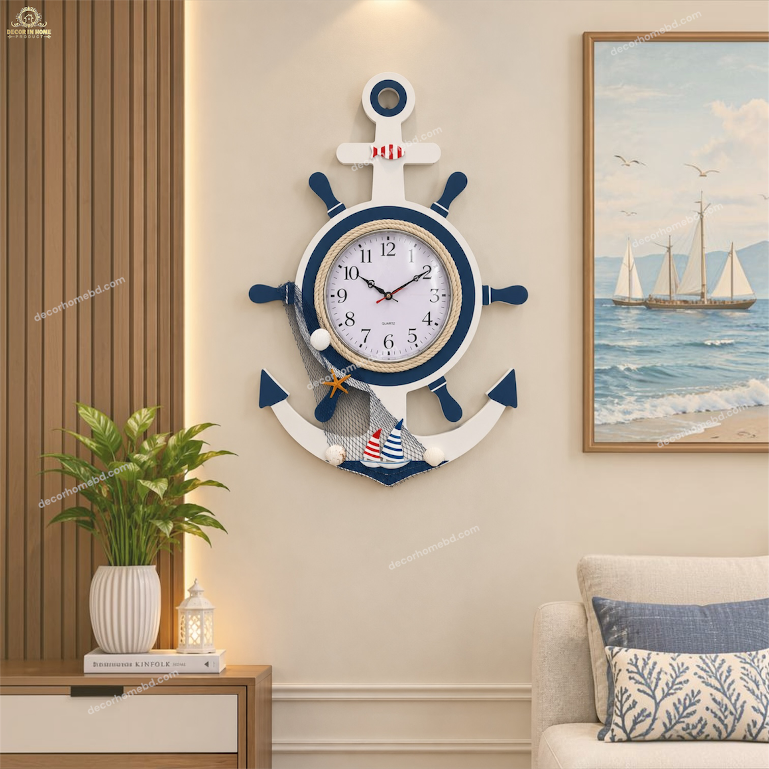 Nautical Anchor Wall Clock – Navy Blue & White Marine Decorative Clock