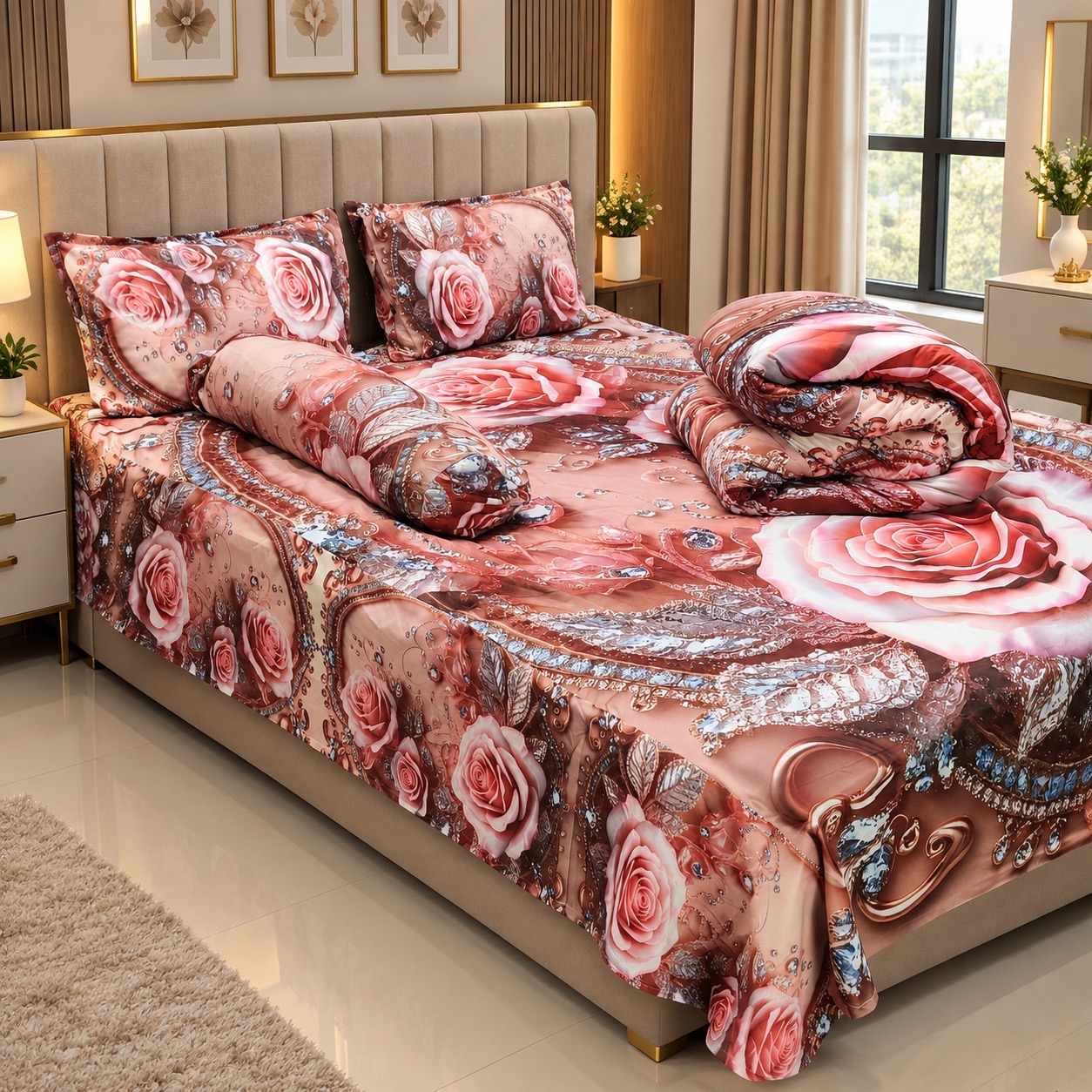 Premium 3D Design 5 Pcs Comforter Set – Floral Design