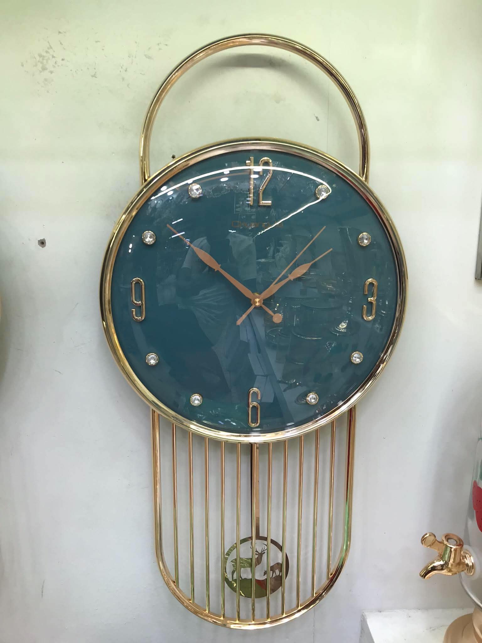 Premium Teal Blue & Gold Pendulum Wall Clock – Luxury Modern Home Decor