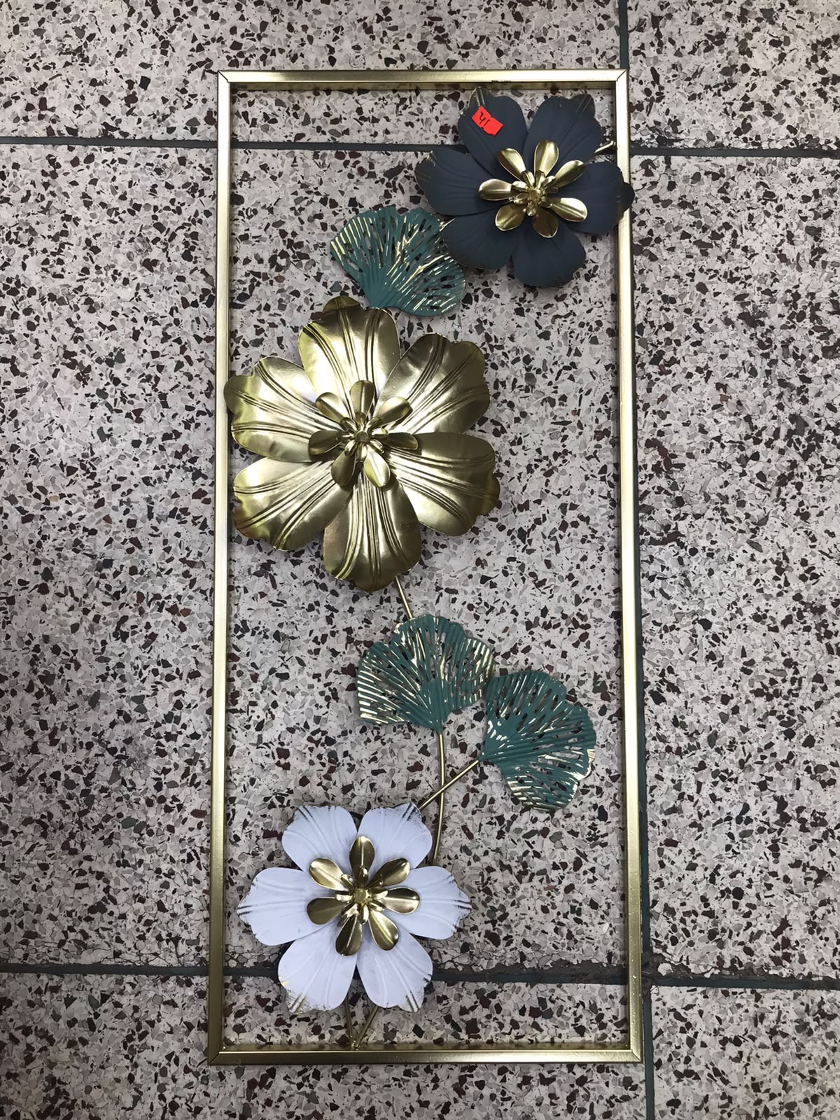 Luxury 3D Floral Metal Wall Art – Gold, Navy Blue & White Decorative Wall Décor