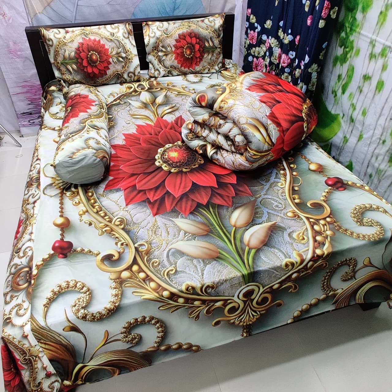 Premium 3D Design 5 Pcs Comforter Set – Floral Design
