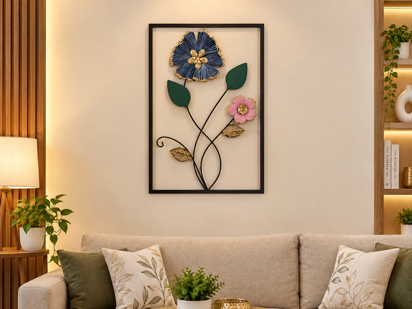 Modern Metal Flower Wall Decor with Black Frame | 3D Floral Wall Art