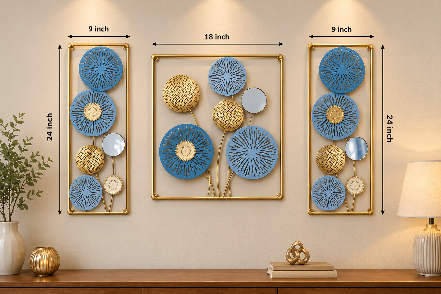 3-Piece Blue & Gold Floral Metal Wall Art Set – Modern Luxury Wall Décor for Home