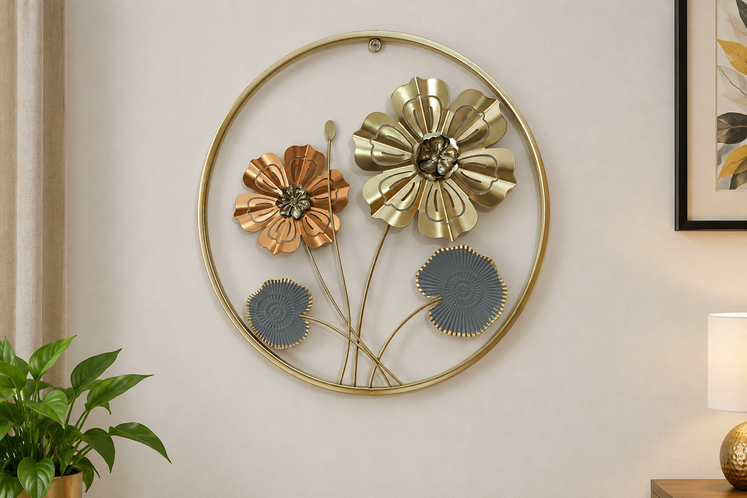 Luxury Floral Metal Wall Art – Gold, Copper & Blue Decorative Wall Hanging