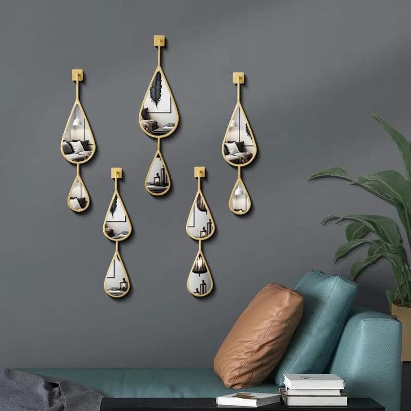 5-Piece Droplet Wall Mirror Set with Golden Fiber Frame