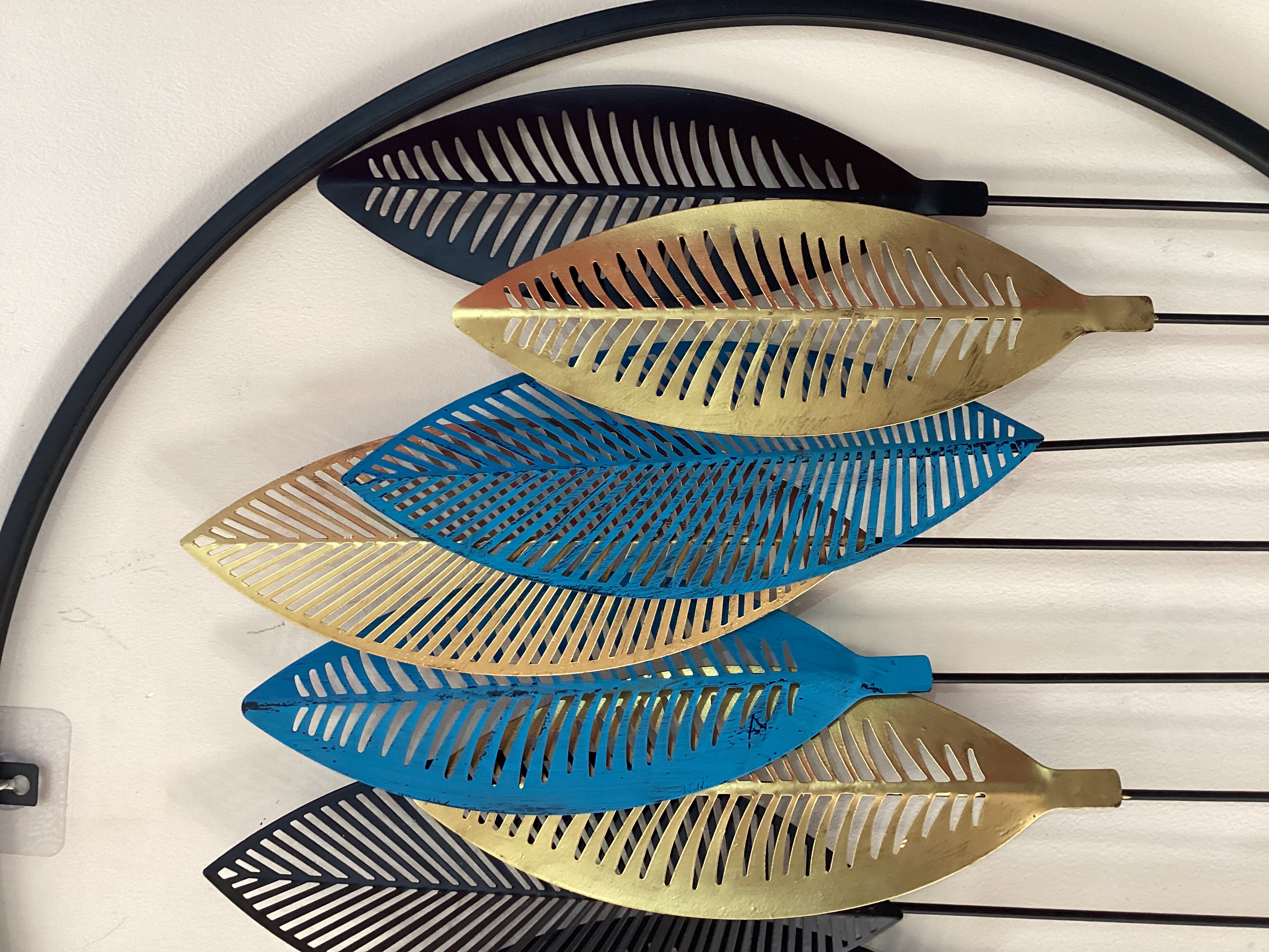 Fully Metal Body Royal Black, Gold & Blue Leaf Round Wall Art