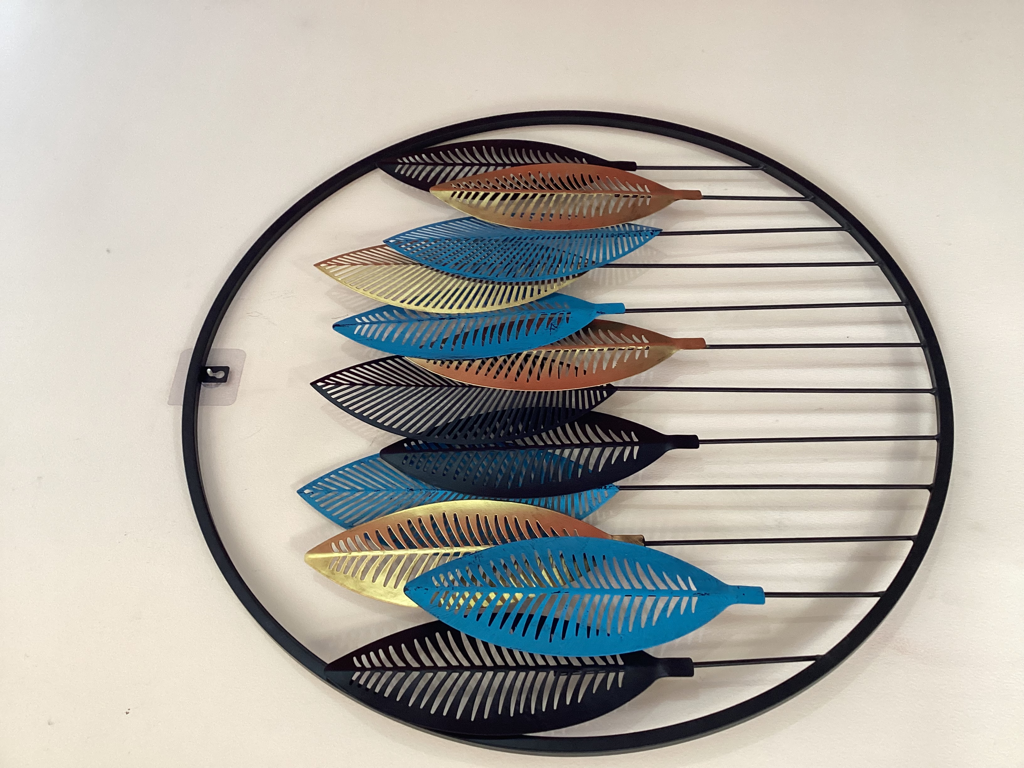 Fully Metal Body Royal Black, Gold & Blue Leaf Round Wall Art