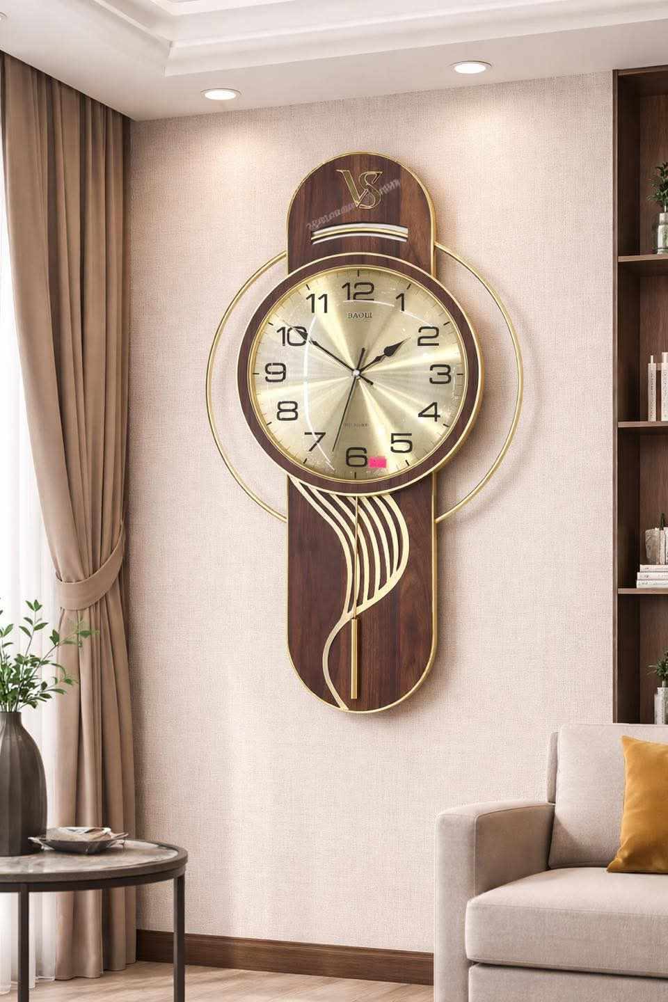 Metal and Wooden Body Golden and wood Color Design Golden Color Metal Pendulum Wall Clock
