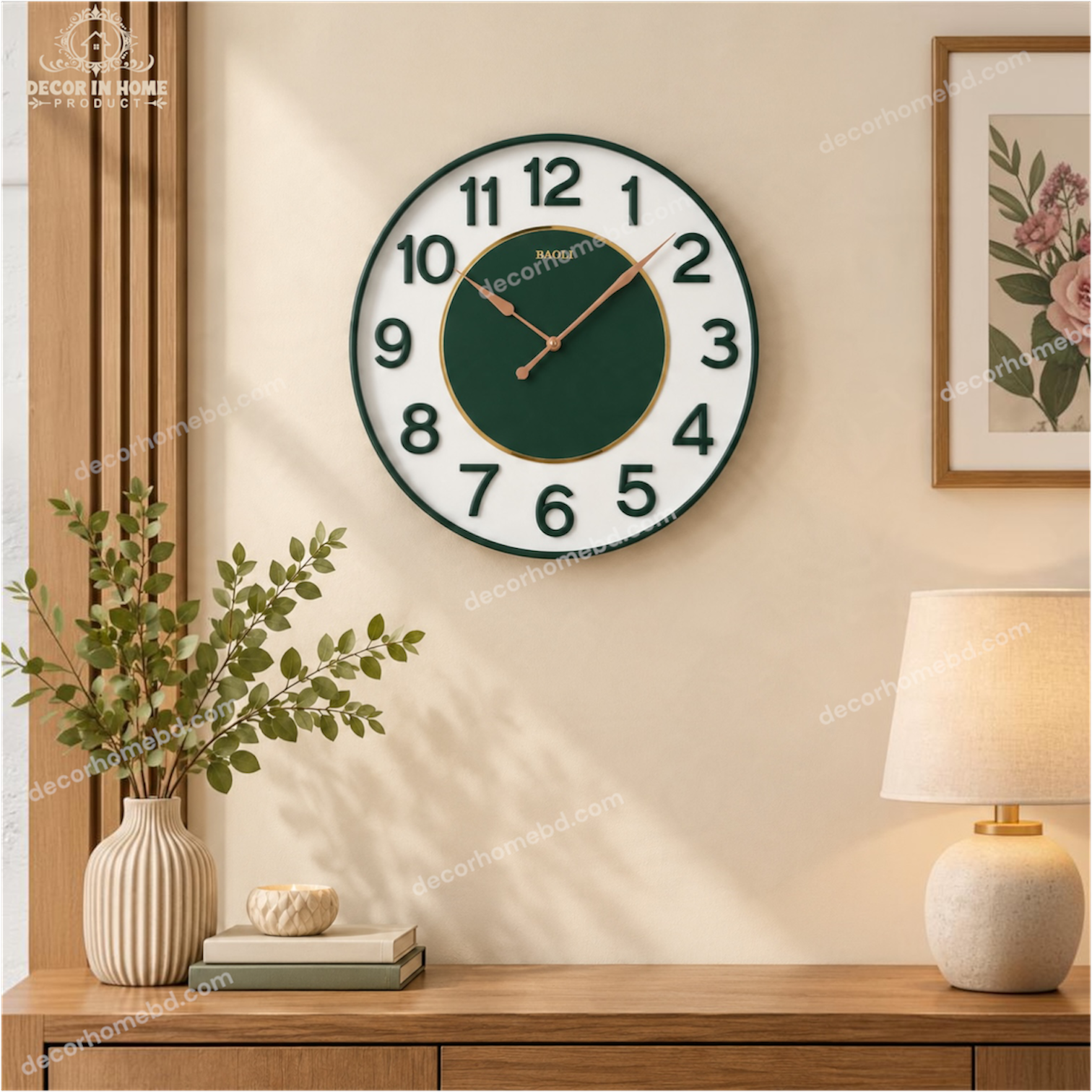 Modern Design Premium BAOLI Green & White Round Wall Clock with Rose Gold Hands.