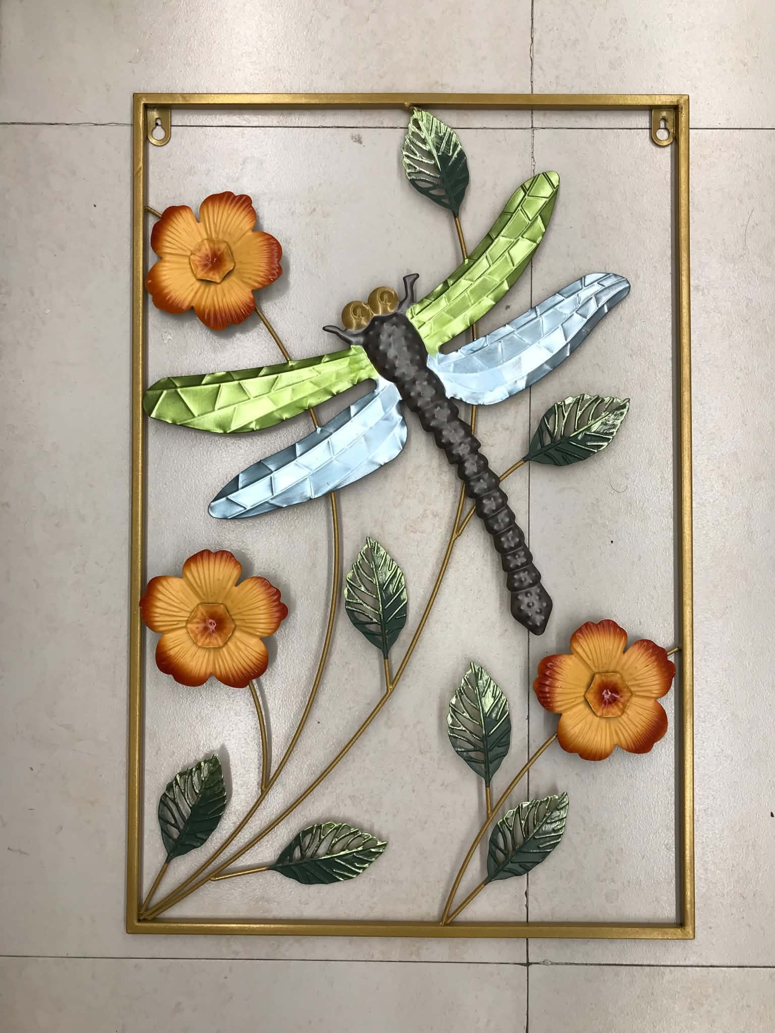 Premium 3D Dragonfly & Floral Metal Wall Art – Golden Frame
