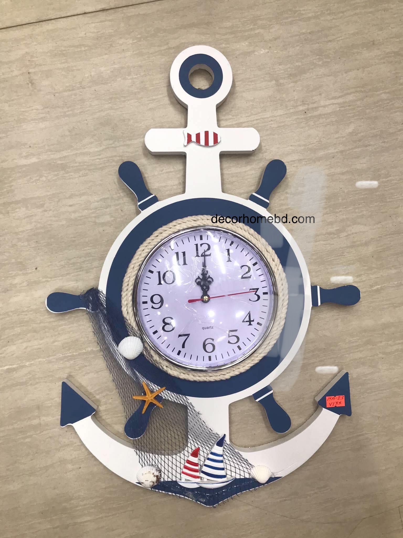 Nautical Anchor Wall Clock – Navy Blue & White Marine Decorative Clock